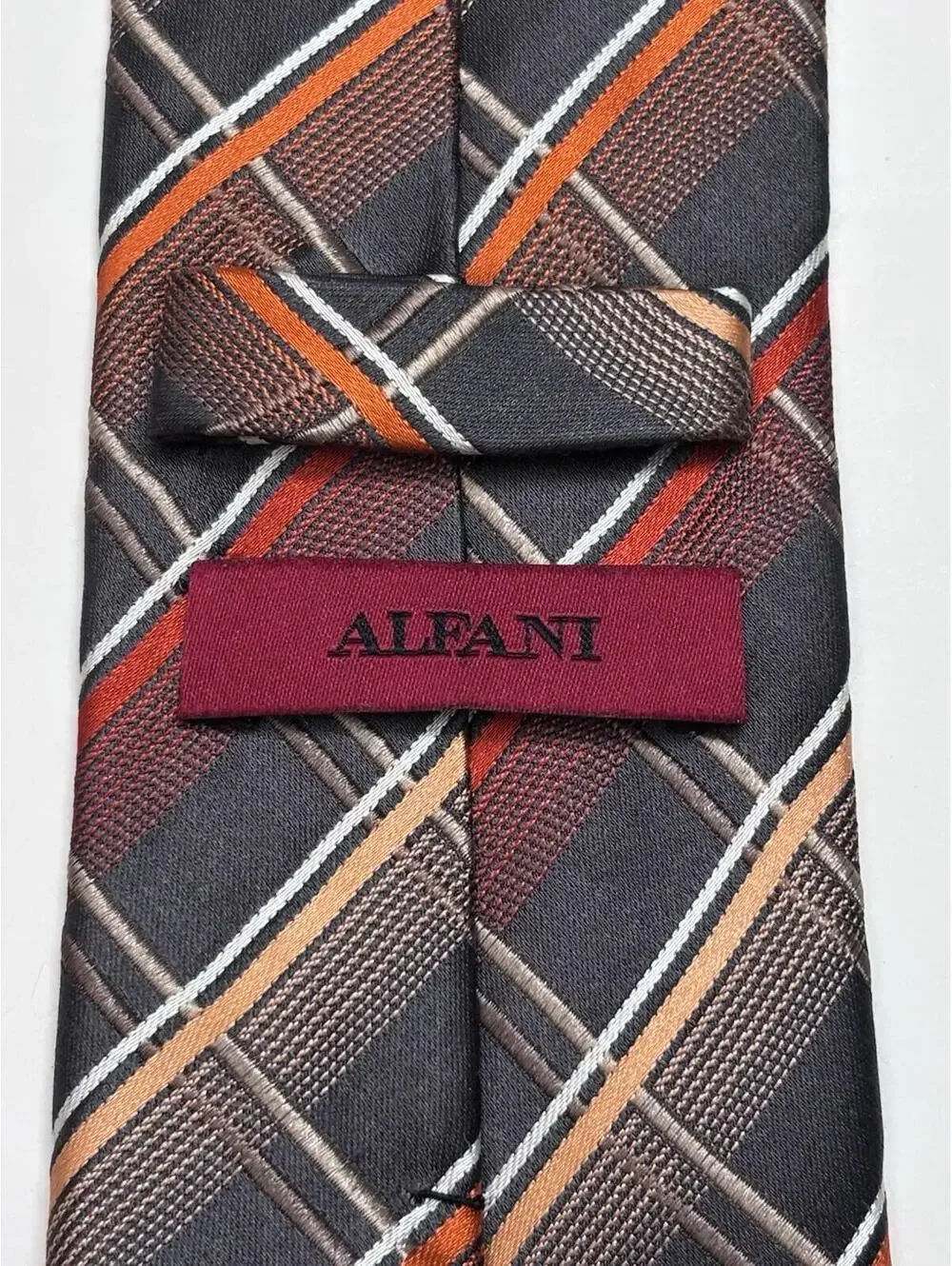 Alfani 100% Silk Tie In Orange And Grey Plaid‎